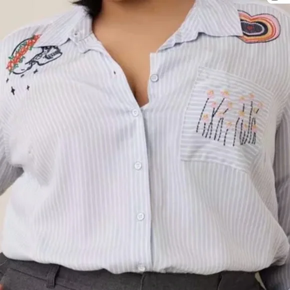 Torrid Blue Striped Embroidered Button Down Shirt - Picture 2 of 9